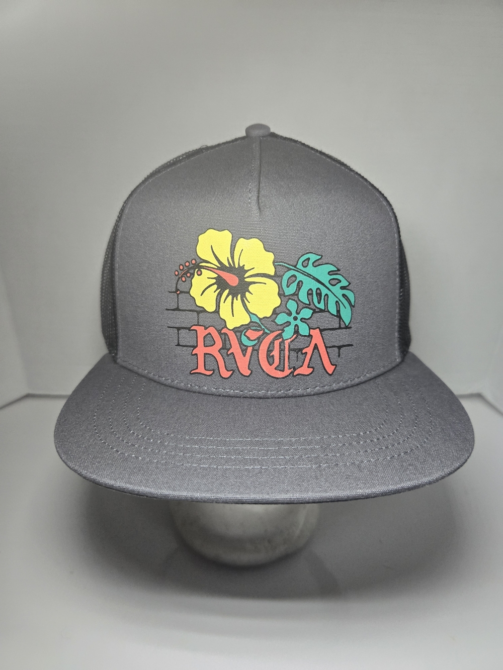 New RVCA Grey Hat with Yellow Hibiscus and Teal Leaf - Picture 1 of 5